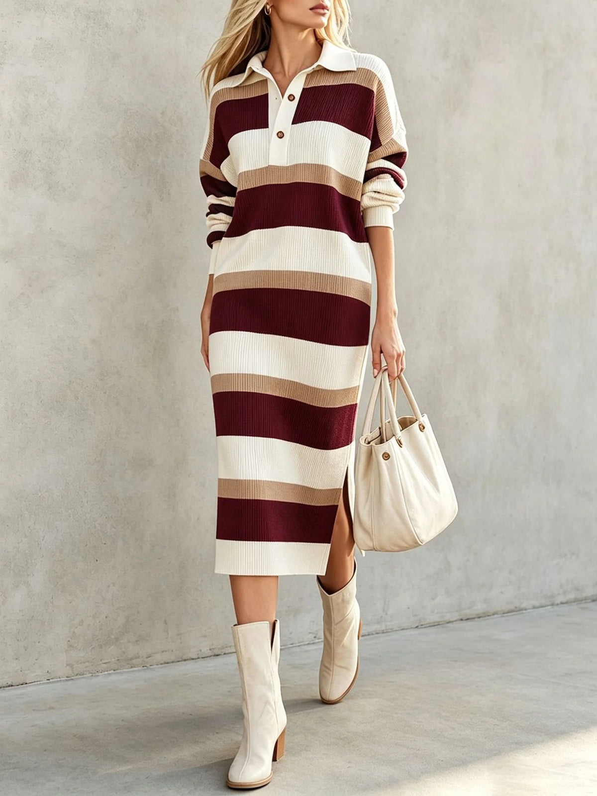 Women's Striped Knit Autumn Sweater Dress | Casual Split Polo