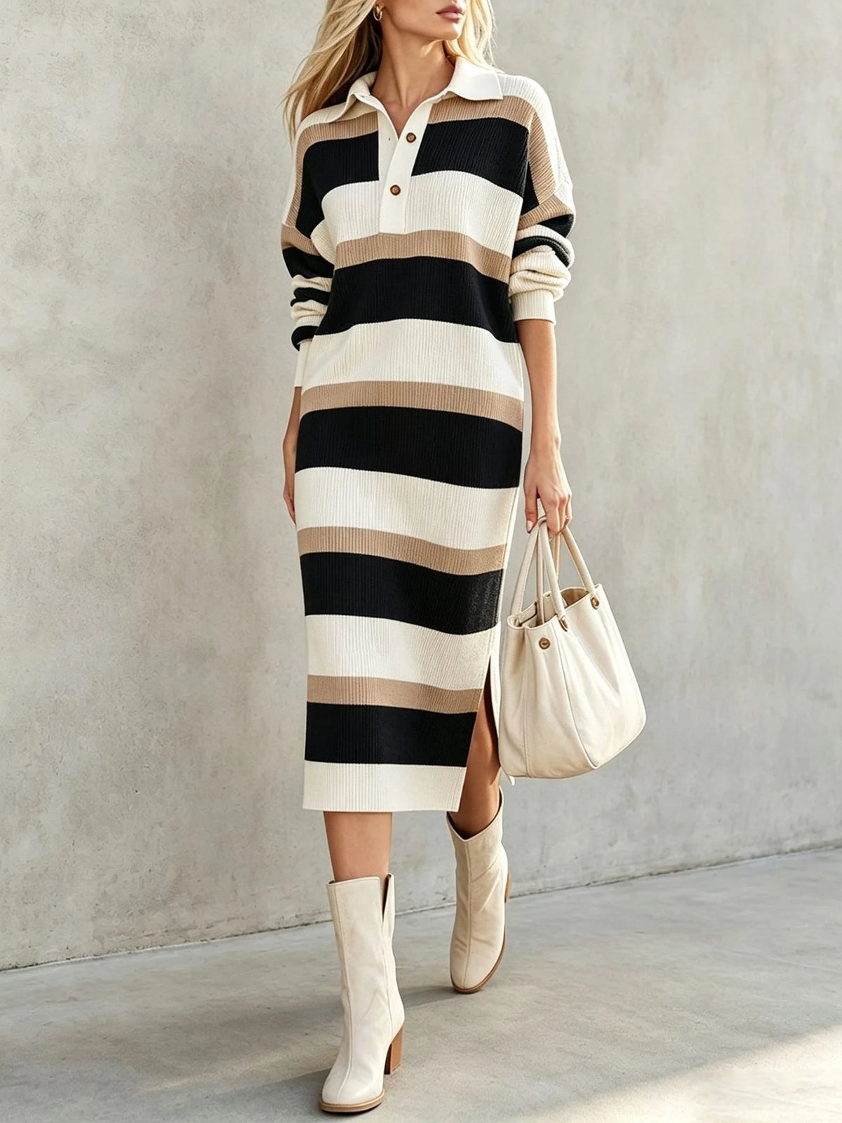 Women's Striped Knit Autumn Sweater Dress | Casual Split Polo
